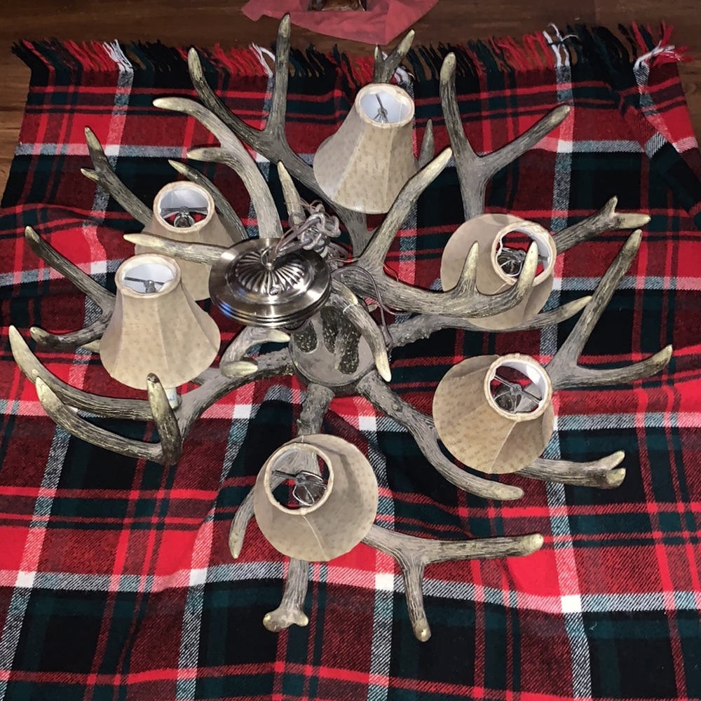 Antler chandelier with 6 lights and shades for each light. - Picture 2 of 3